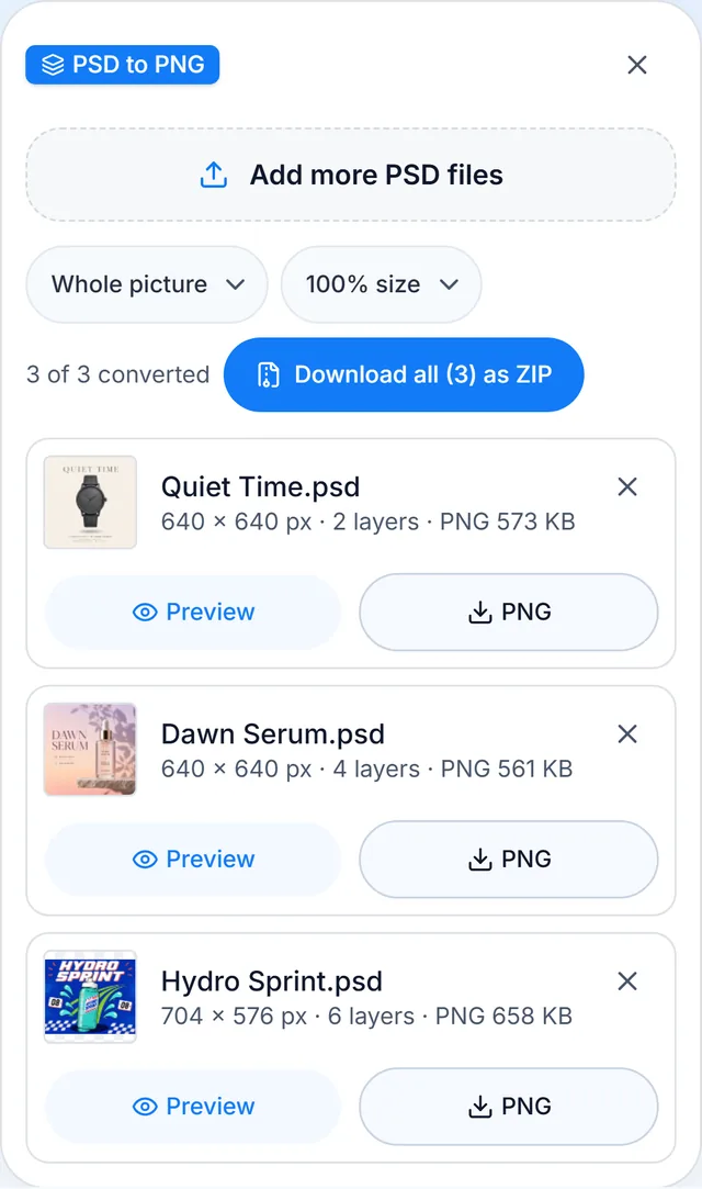 The PSD to PNG converter with three PSD files converted, each row with a thumbnail, size, layer count and PNG size, Preview and PNG buttons, and Download all as ZIP