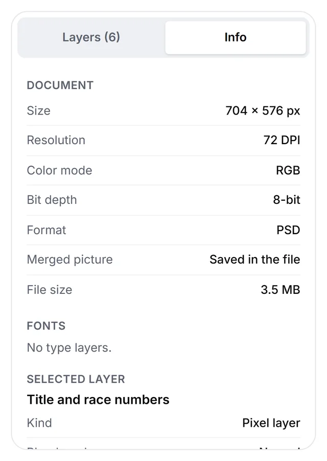 The Info tab of the PSD viewer listing size, resolution, color mode, bit depth, format, the merged picture saved in the file, file size and fonts