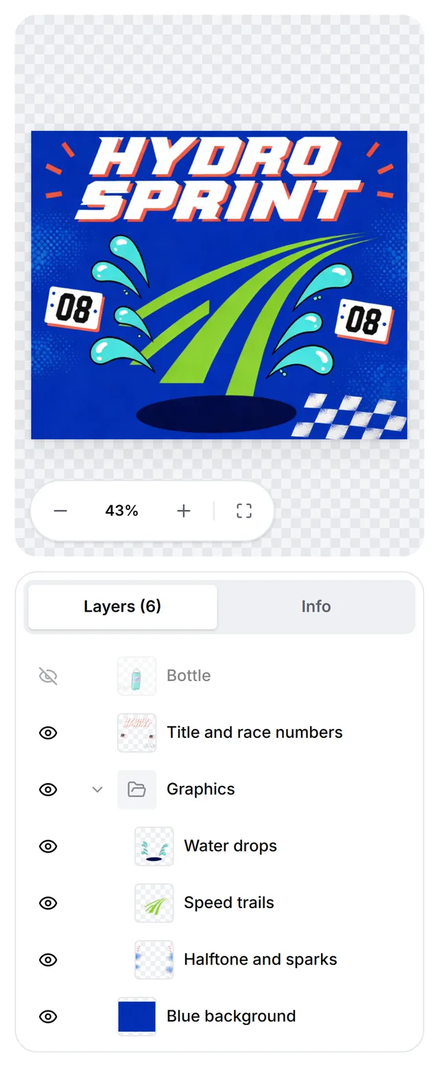 The same PSD with the Bottle layer hidden: its eye icon is off and the picture is redrawn without the bottle