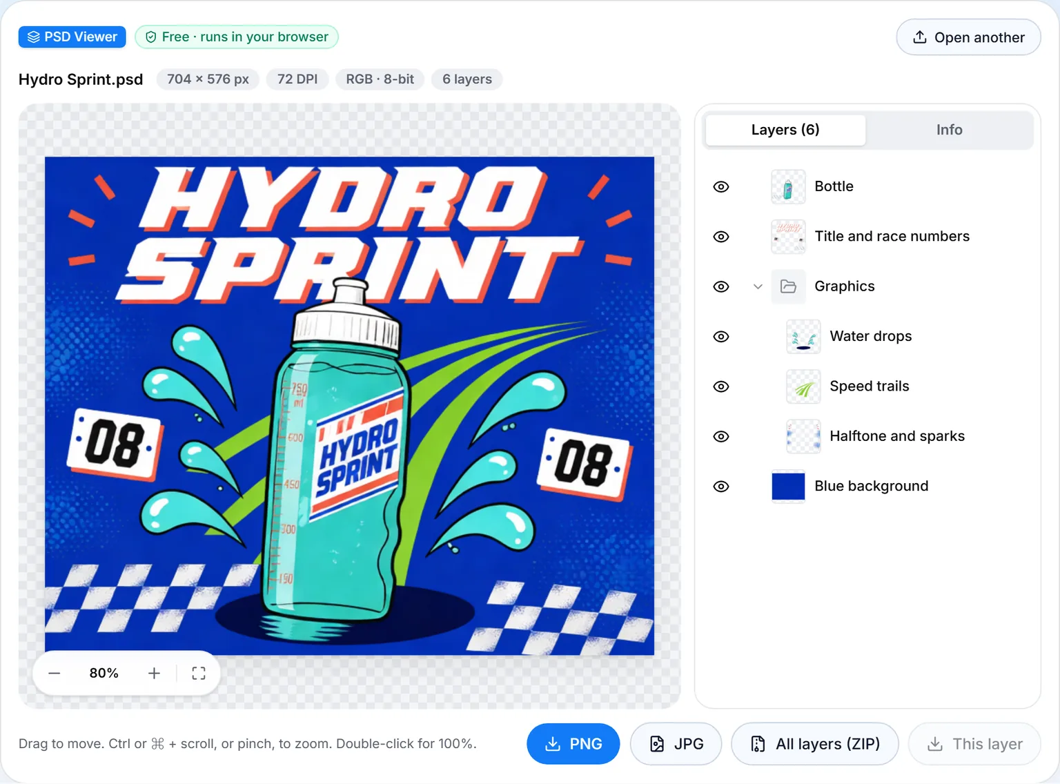 The ImageToPsd.AI PSD viewer with Hydro Sprint.psd open: the picture on the left, six layers with eye icons and thumbnails on the right, and PNG, JPG and layer ZIP buttons