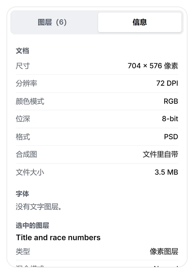 PSD 查看器的「信息」标签：尺寸、分辨率、颜色模式、位深、格式、文件里自带的合成图、文件大小和字体