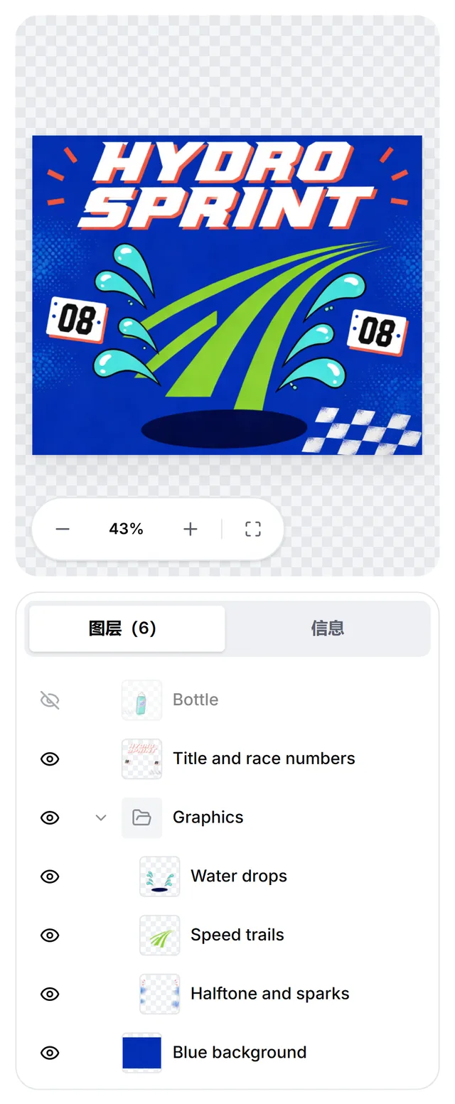同一个 PSD 隐藏了瓶子图层：它的眼睛图标已关闭，画面重绘后没有瓶子