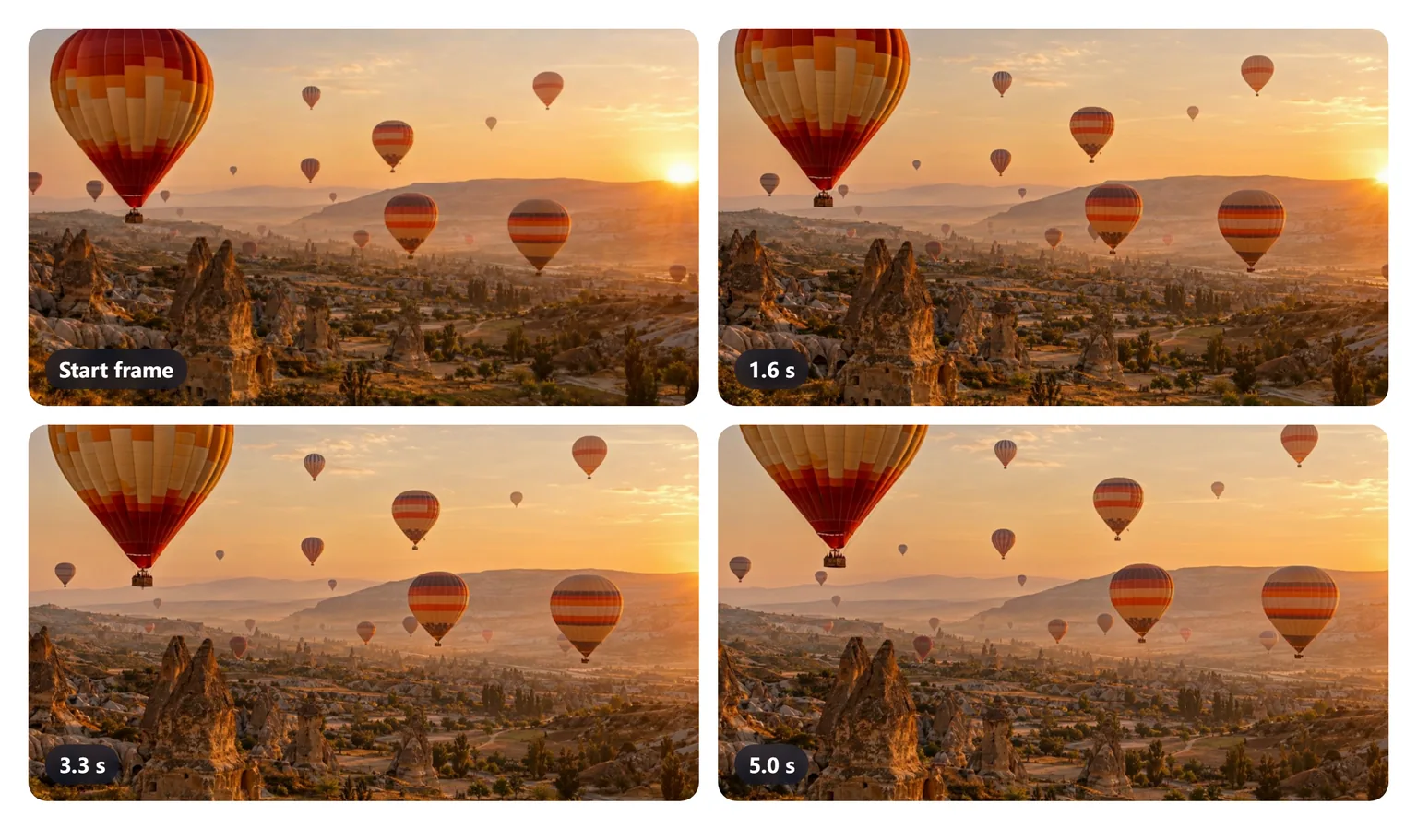 Four moments of the clip: the start frame, then 1.6, 3.3 and 5.0 seconds in, the balloons higher and further right each time and the valley closer