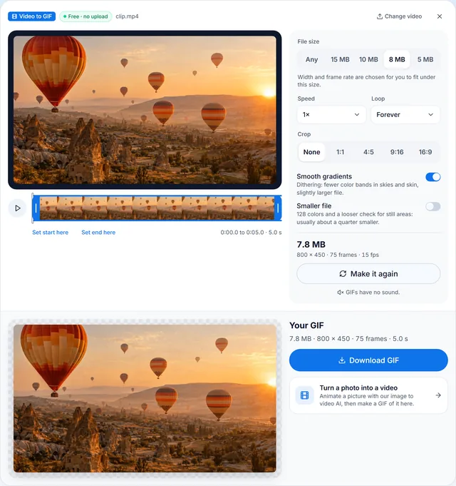 The free video to GIF converter with the balloon clip: the 8 MB size picked, the result 7.8 MB at 800 × 450, 75 frames at 15 fps, a Download GIF button under it