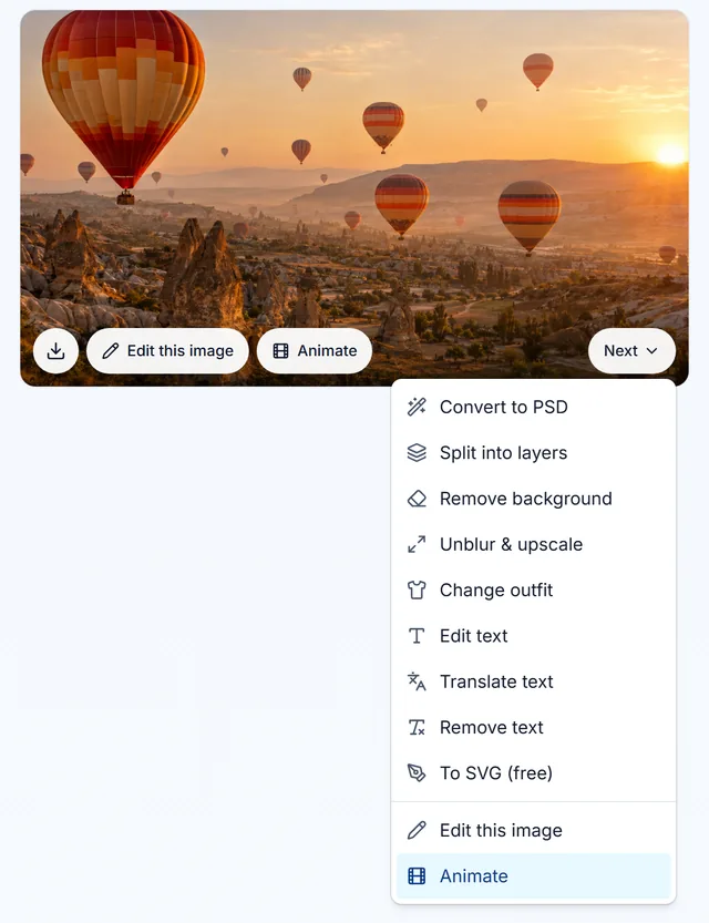 A sunrise picture of hot air balloons in the history view, its Next menu open with Convert to PSD, Split into layers, Remove background, Edit text and more, and Animate at the bottom