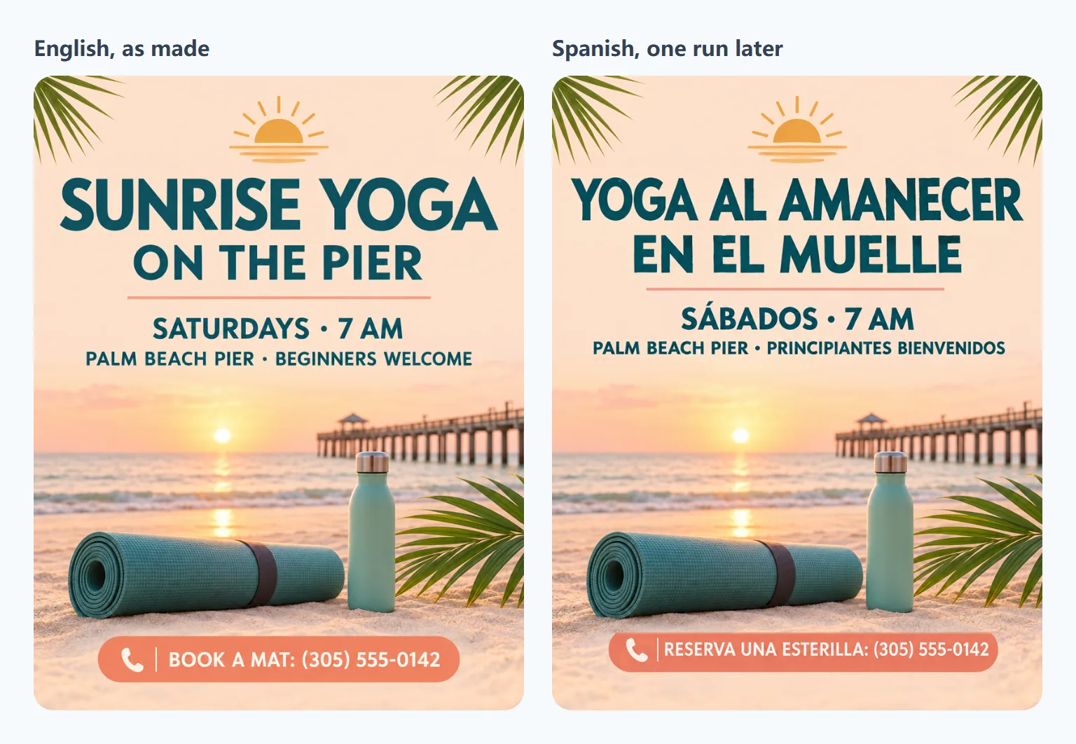 The yoga flyer in English and in Spanish side by side: the same picture and lettering, with every line of text translated