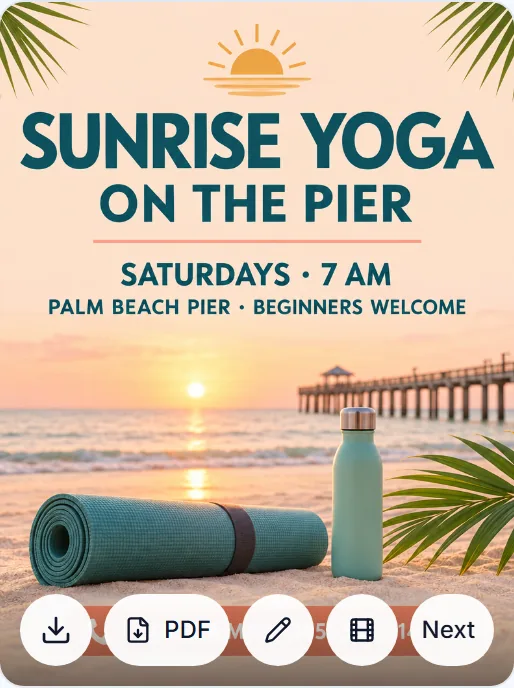 A finished yoga flyer in the history view, with SUNRISE YOGA ON THE PIER, the date, the place and the booking number, and Download, PDF and Next buttons under it