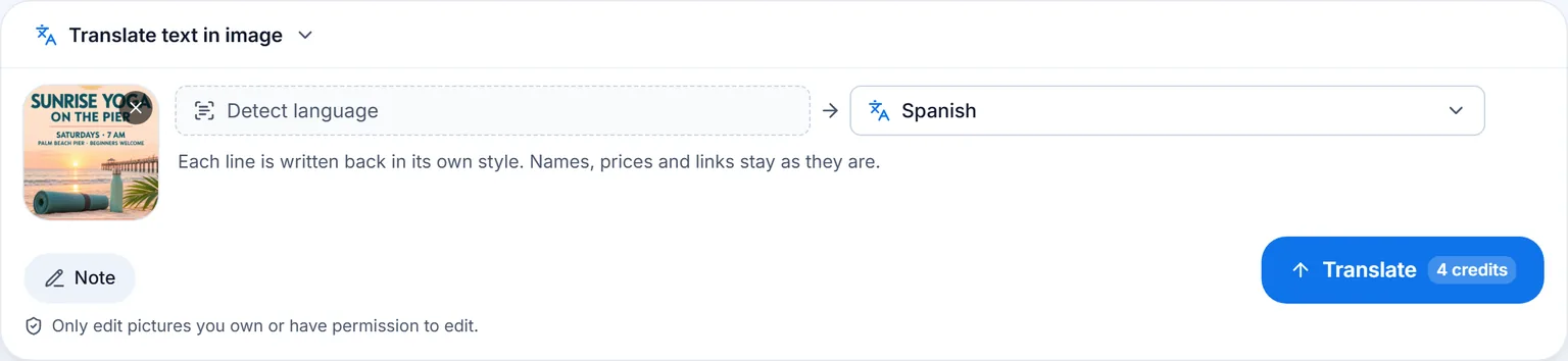 The Translate text in image composer with the yoga flyer added and Spanish picked as the language