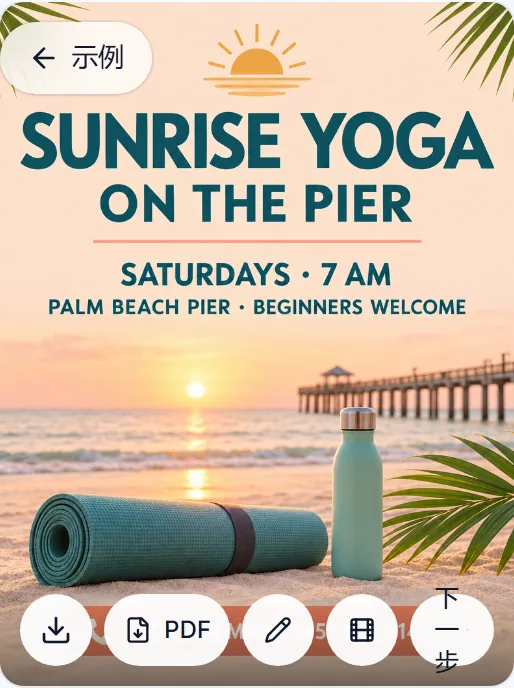 历史记录里做好的瑜伽传单：SUNRISE YOGA ON THE PIER、日期、地点和预约电话都在，下方有下载、PDF 和下一步按钮