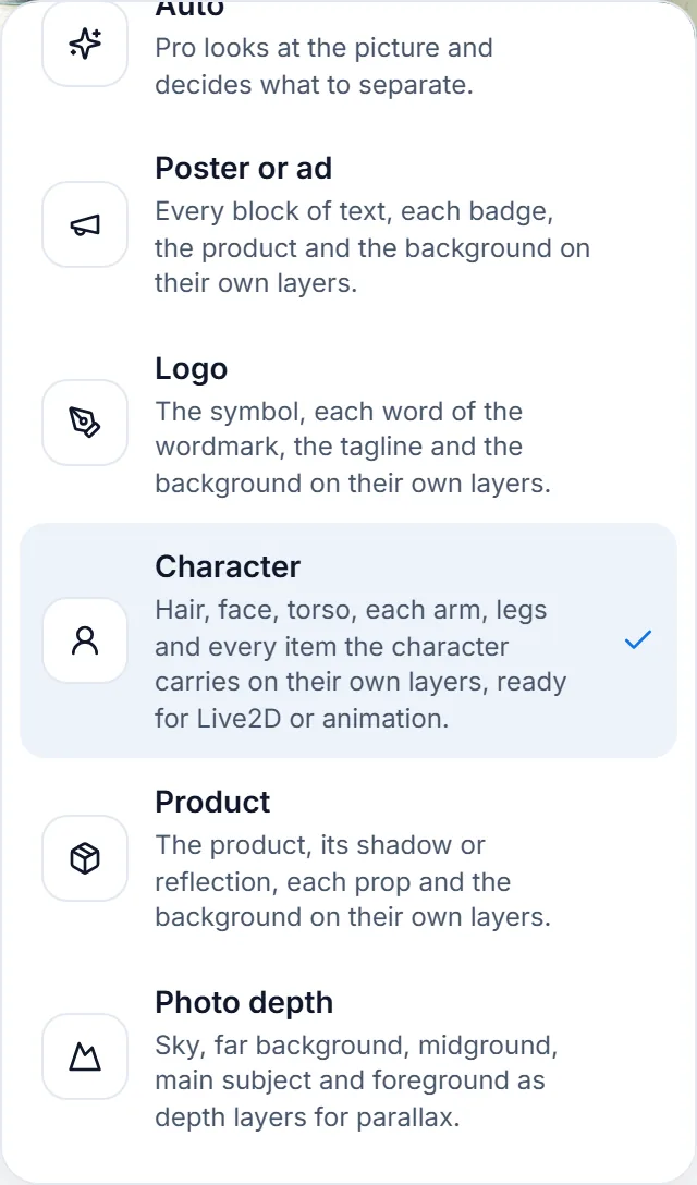 The split presets of Image to PSD: Auto, Poster or ad, Logo, Character (picked), Product and Photo depth, each with what it separates