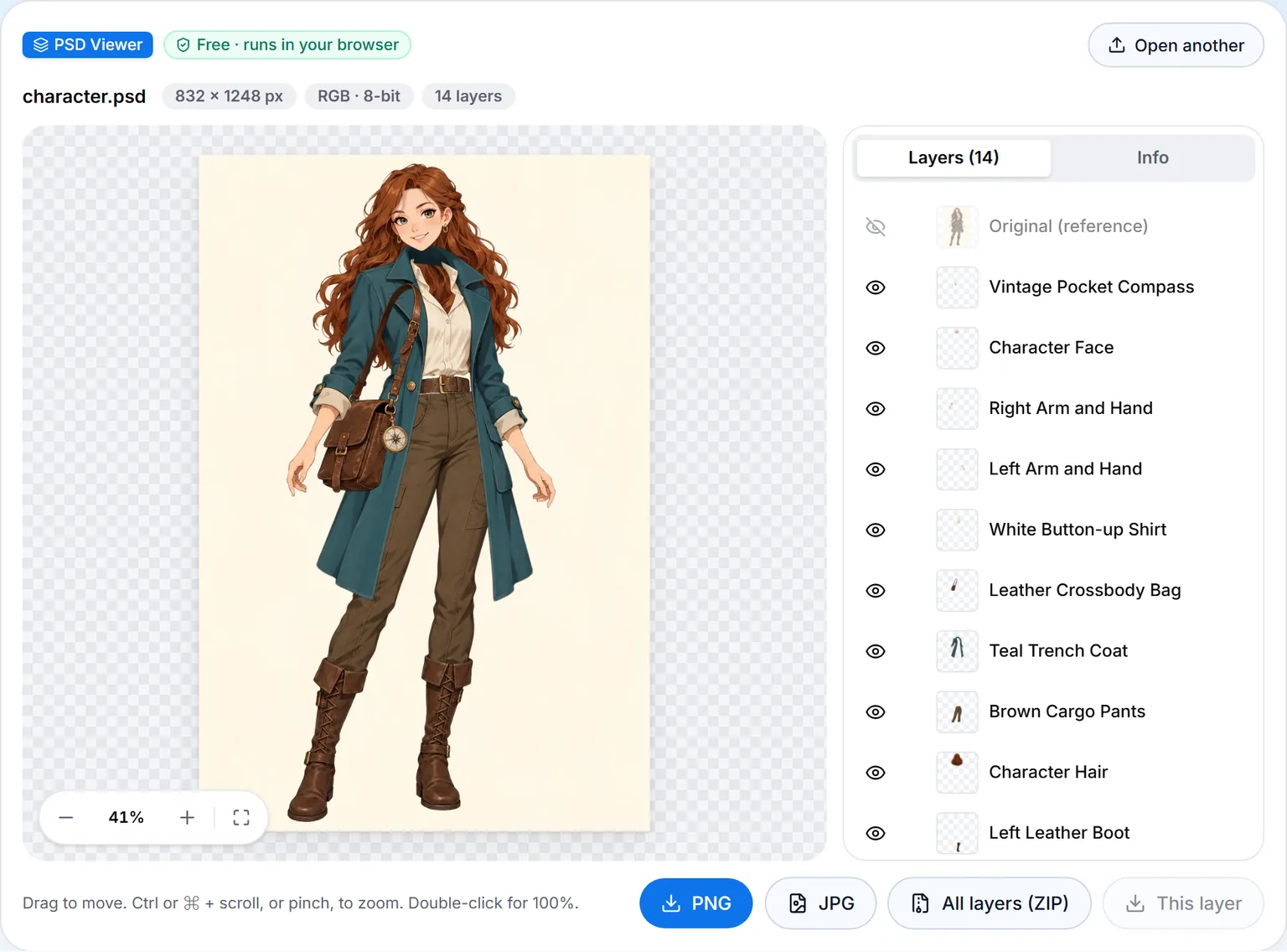 The adventurer's PSD in the free PSD viewer: the character on the left, layers named Vintage Pocket Compass, Character Face, Right Arm and Hand, Left Arm and Hand, White Button-up Shirt and more on the right