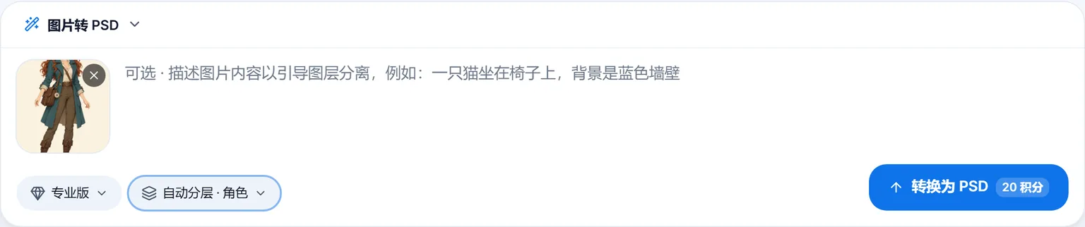 图片转 PSD 的输入框：放入了冒险家插画，选了专业版和自动分层 · 角色，转成 PSD 按钮上显示 20 积分