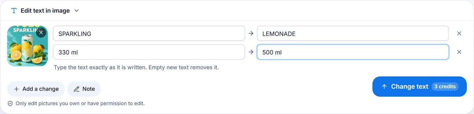The Edit text in image composer with the poster and two changes typed in: SPARKLING to LEMONADE and 330 ml to 500 ml