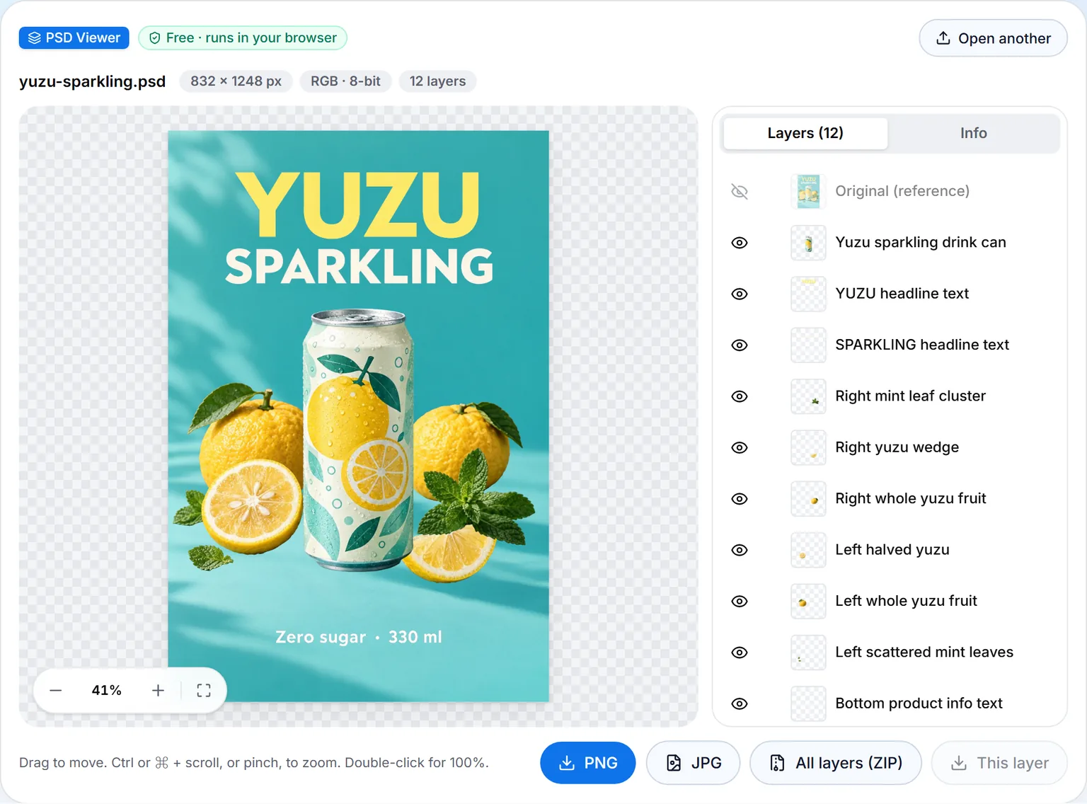 The ImageToPsd.AI PSD viewer with the yuzu soda poster PSD open: the picture on the left, 12 named layers on the right, and PNG, JPG and ZIP buttons
