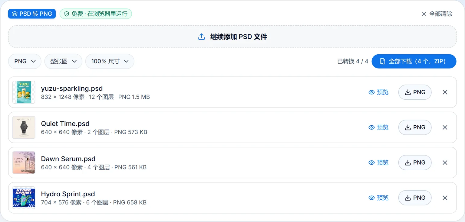 PSD 转 PNG 页面,四个文件已转好:柚子汽水海报和三个示例 PSD,每个都标了尺寸、图层数和 PNG 大小,右上角可以打包下载四个文件