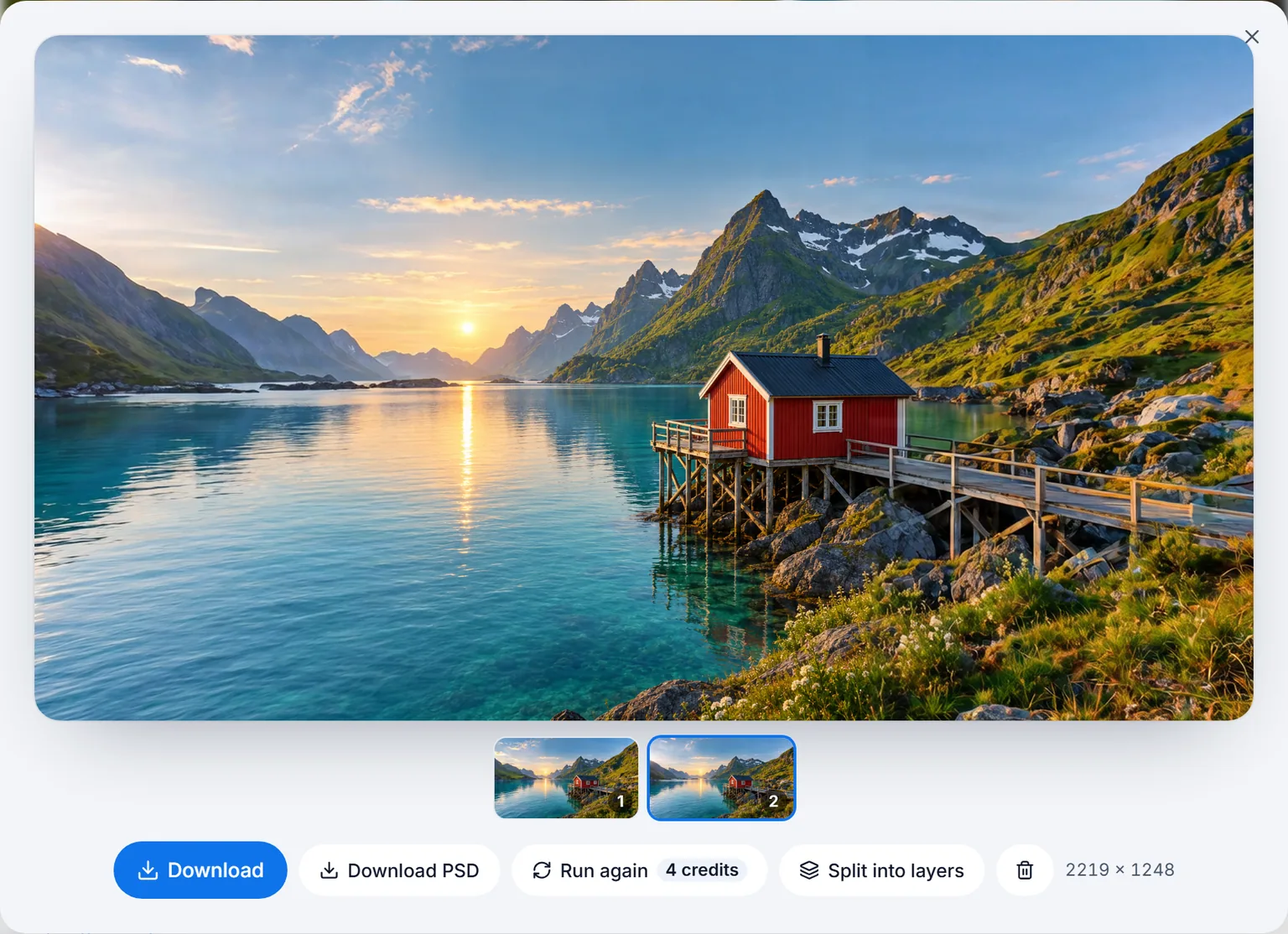 The extended result: the red cabin, the fjord and the midnight sun as a wide 16:9 banner, with two takes, Download, Download PSD, Run again and Split into layers
