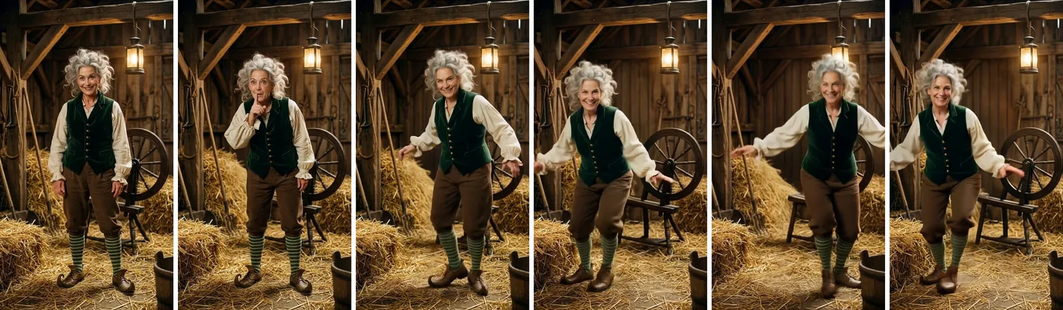 Six frames from one result: a woman with silver hair as the trickster shushes the camera, then tiptoes through the barn