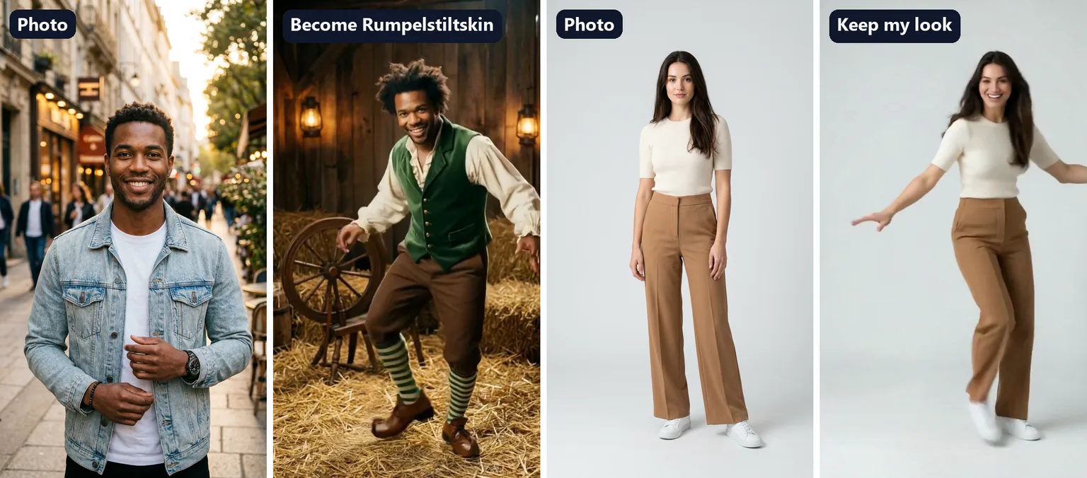 Two photos and their tip toe meme results: a man in a denim jacket becomes the trickster in a straw barn, and a woman in a studio dances in her own outfit